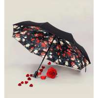 Automatic Women Girl Mini Luxury Rose Small Double Black Printed Flower Folding Umbrella