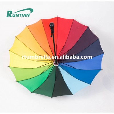 Wholesale market polyester 16 ribs windproof straight handle colorful Rainbow golf Umbrella